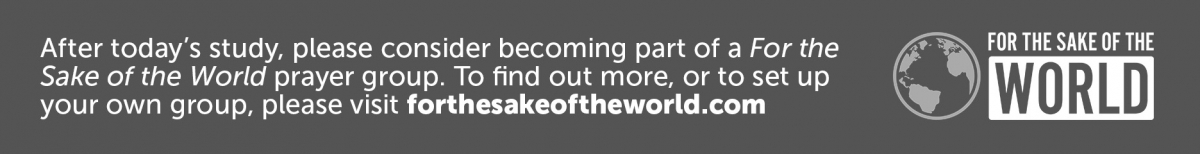 For The Sake Of The World banner stating "After today's study, please consider becoming part of a 'For the Sake of the World' prayer group. To find out more, or to set up your own group, please visit forthesakeoftheworld.com