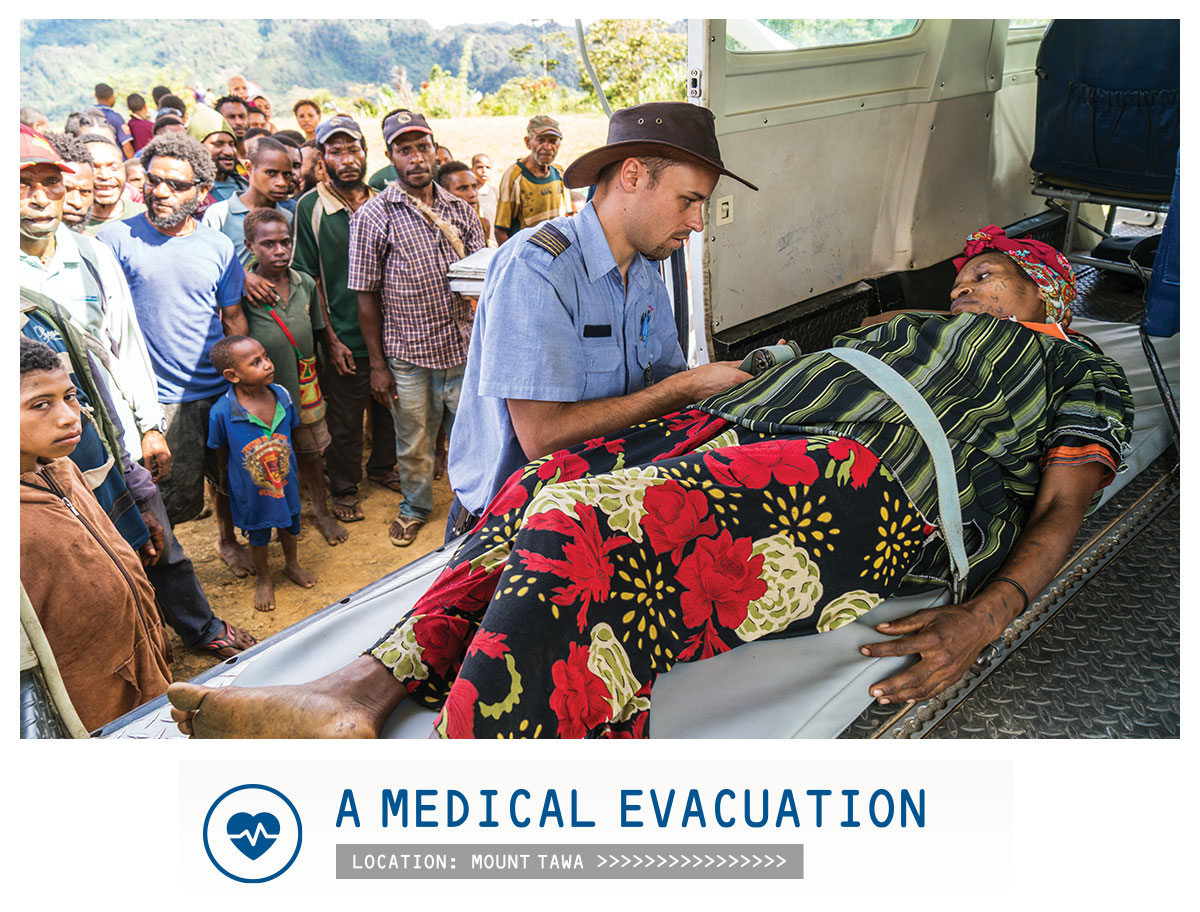 Picture of a medevac with caption "A medical evacuation - location: Mount Tawa"